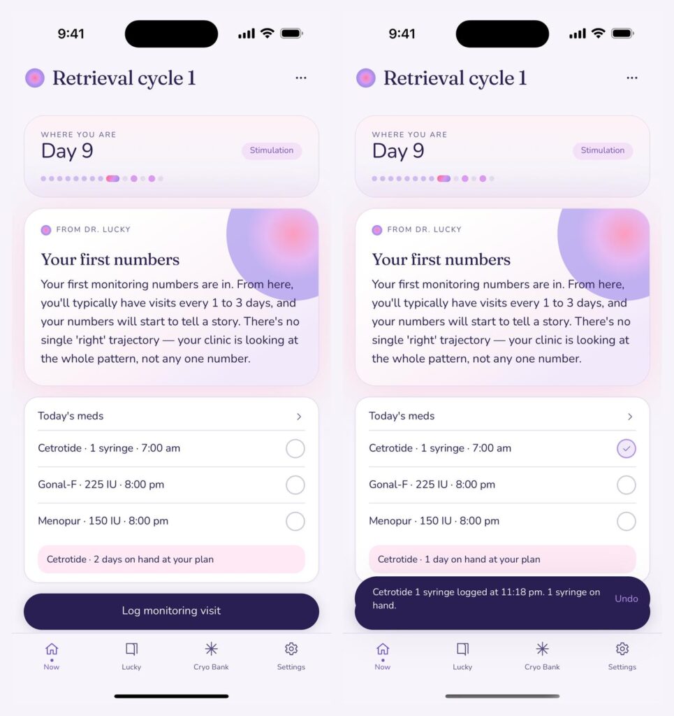 Two juni screens on stimulation day 9. Left: Today's meds lists Cetrotide 1 syringe at 7:00 am, Gonal-F 225 IU and Menopur 150 IU at 8:00 pm, with a rose line reading Cetrotide 2 days on hand at your plan. Right: after tapping Cetrotide, a confirmation reads Cetrotide 1 syringe logged with an Undo button, and the rose line drops to 1 day on hand.