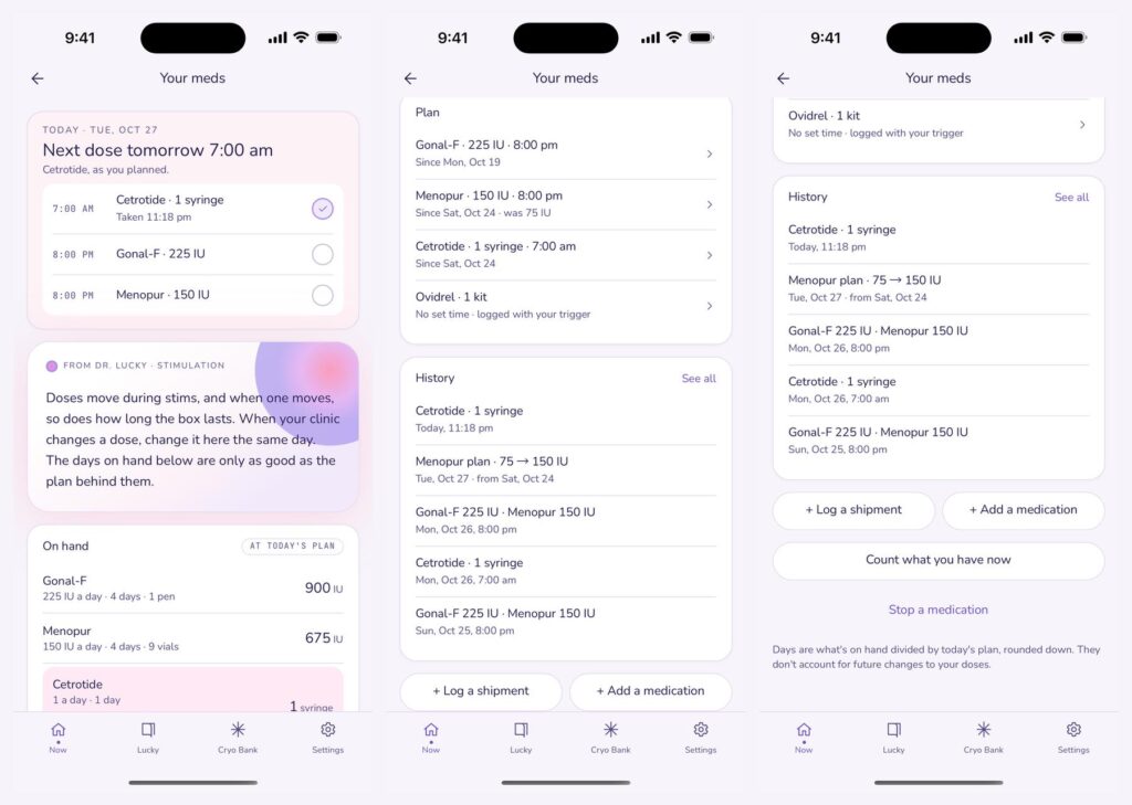 Three scrolls of the juni Your meds screen: today's doses with Cetrotide taken, Dr. Lucky's stimulation note, the On hand table at today's plan with Cetrotide highlighted in rose, the Plan card showing Menopur 150 IU was 75 IU, the History with Menopur plan 75 to 150 IU, and the Log a shipment, Add a medication, Count what you have now and Stop a medication actions.